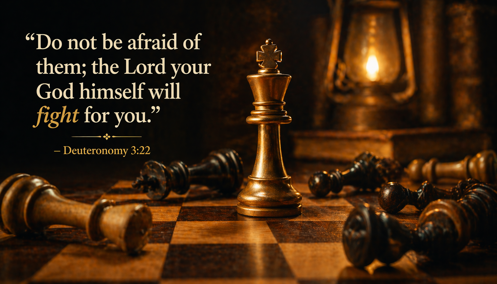 Deuteronomy 3:22 Bible verse wallpaper - Do not be afraid the Lord will fight for you - chess king standing among fallen pieces